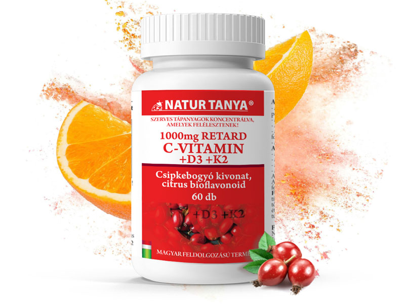 Natur Tanya® Szerves C+D+K - Retard 1000mg C-vitamin, 2000IU D3-vitamin, 30 µg natto fermentált K2-vitamin, csipkebogyó kivonat és citrus bioflavonoidok