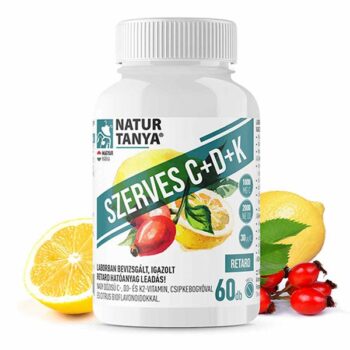Natur Tanya® Szerves C+D+K - Retard 1000mg C-vitamin, 2000IU D3-vitamin, 30 µg natto fermentált K2-vitamin, csipkebogyó kivonat és citrus bioflavonoidok 