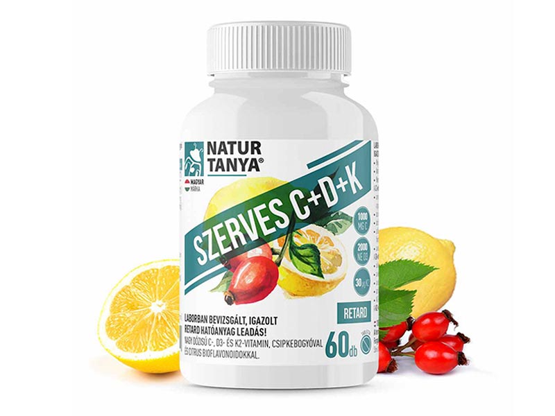 Natur Tanya® Szerves C+D+K - Retard 1000mg C-vitamin, 2000IU D3-vitamin, 30 µg natto fermentált K2-vitamin, csipkebogyó kivonat és citrus bioflavonoidok
