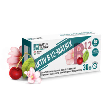 Natur Tanya® AKTÍV B12-MÁTRIX - Magas hatóanyag-tartalmú, fermentált és bioaktív B12-vitamin rágótabletta, természetes vadcseresznye ízben. 500 mcg baktérium fermentációval készült adenozilkobalamin és 500 mcg bioaktív metilkobalamin