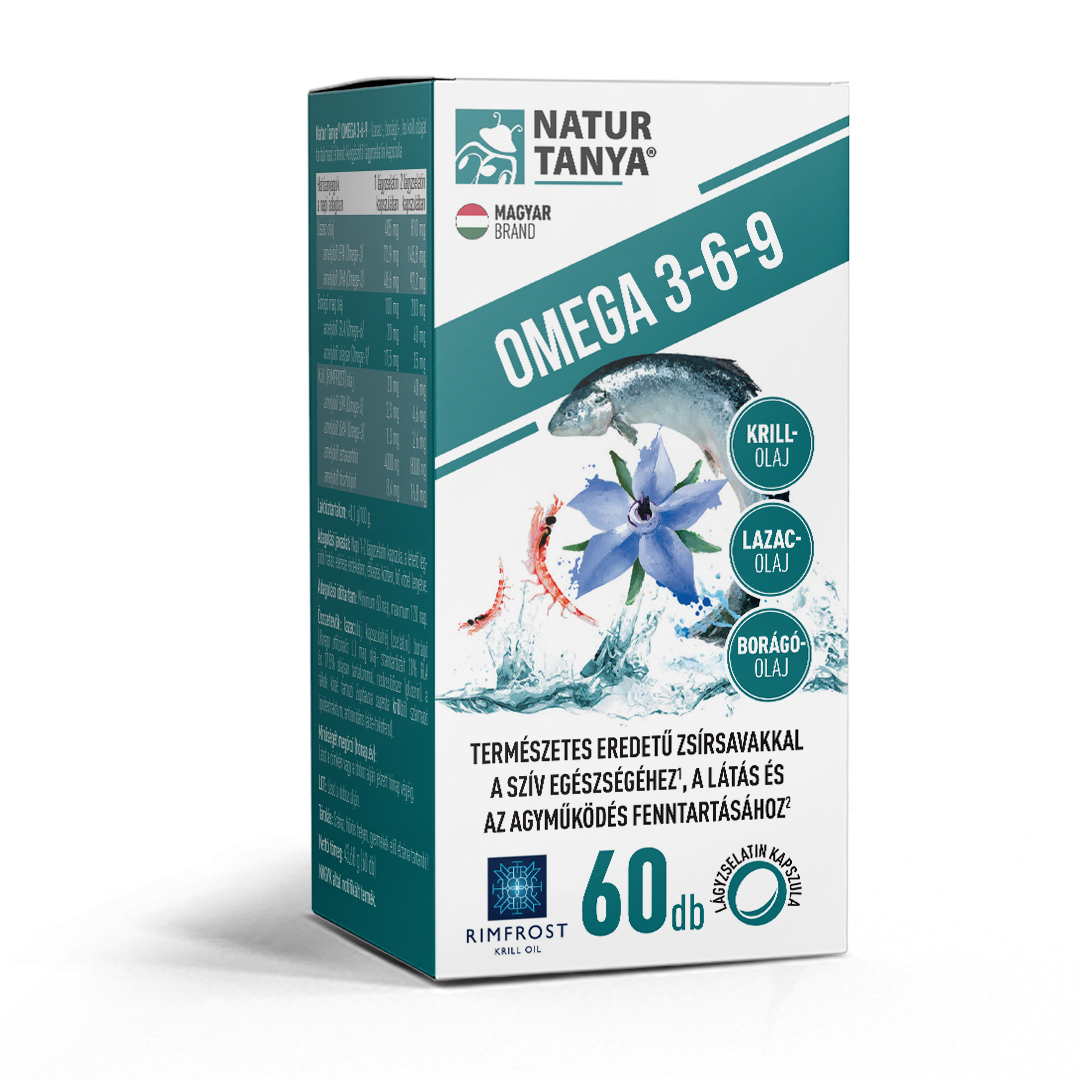 Natur Tanya® Omega 3-6-9 zsírsavak 3 féle természetes olajforrásból, standardizált lazac-, borágó- és krill olaj
