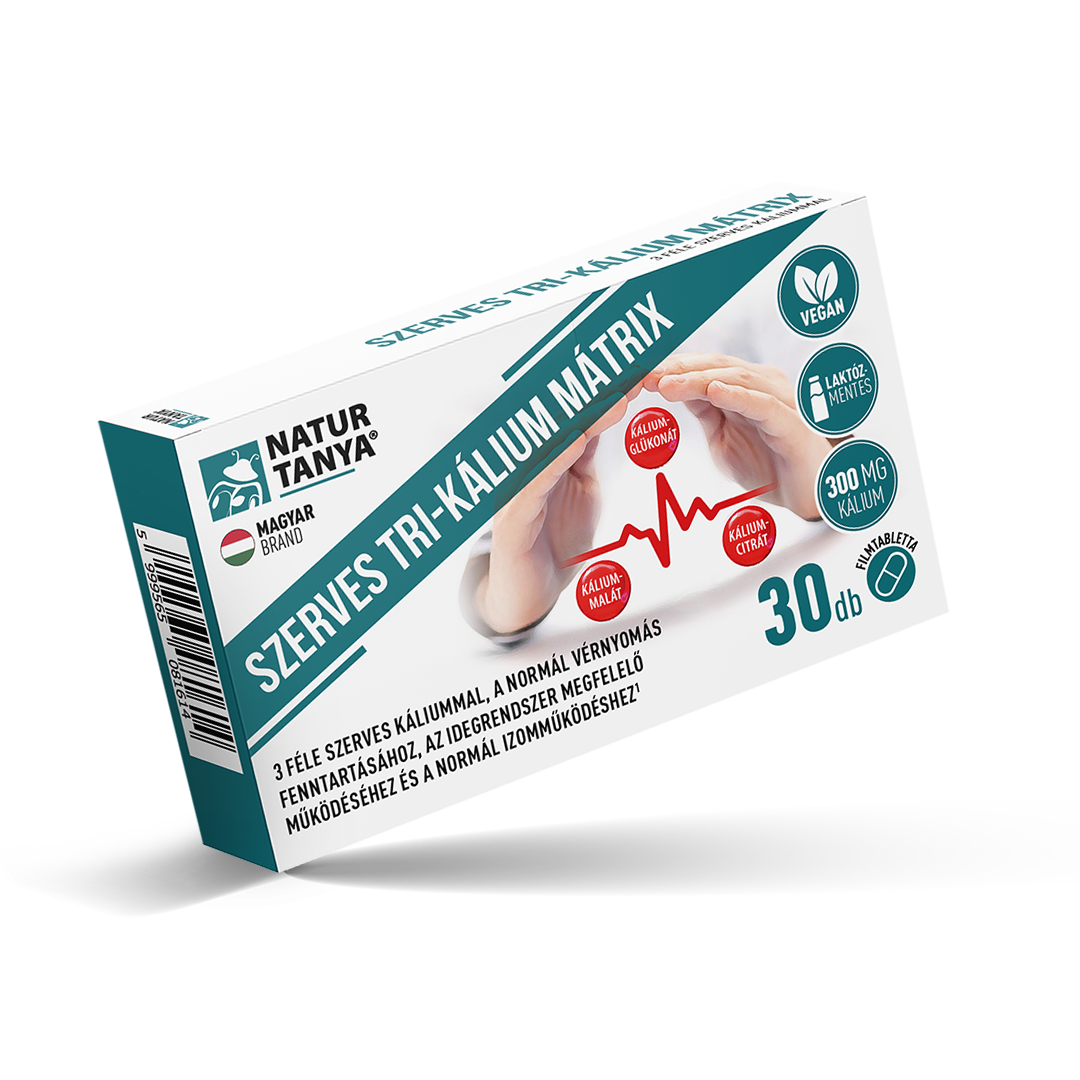 Natur Tanya® Szerves TRI-KÁLIUM MÁTRIX. 3 féle szerves káliummal a normál vérnyomás és izomműködés fenntartásához, az idegrendszer megfelelő működéséhez