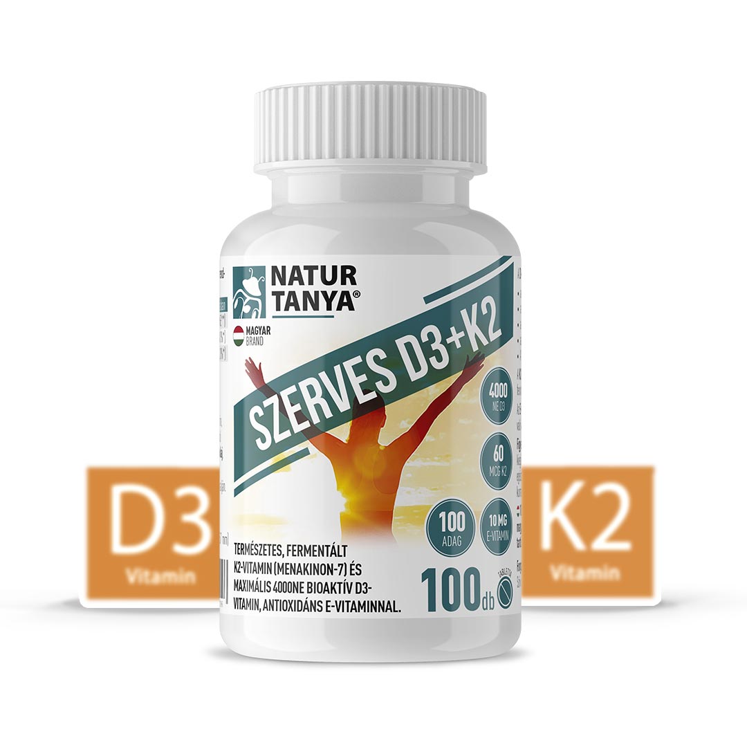 Natur Tanya® Szerves D3 és K2-vitamin. Természetes, fermentált K2-vitamin (menakinon-7) és maximális 4000 NE D3-vitamin, antioxidáns E-vitaminnal
